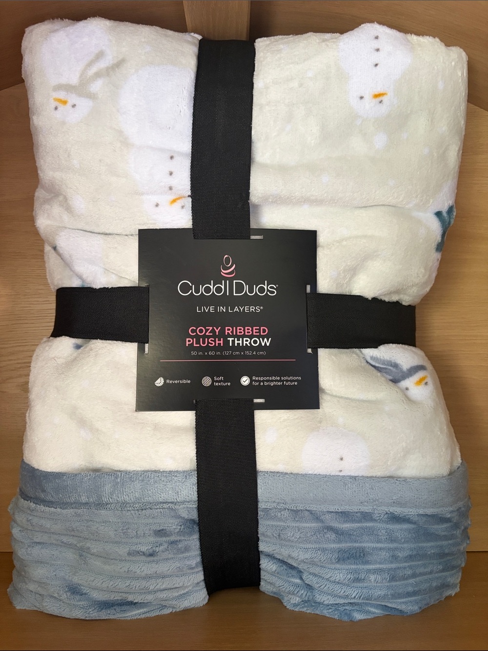 NWT•Cuddl Duds Cozy Ribbed Plush Throw | Reversible | Blue Snowman | 50”x60”